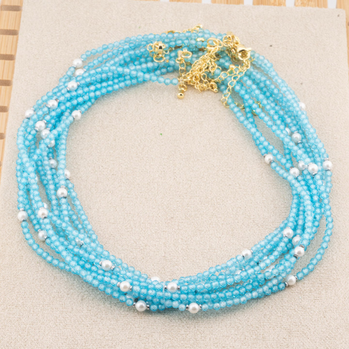 Collana con Cristalli Celesti E Perle Di Maiorca Con Chiusura e Catenina In Acciaio Dorato 10pz