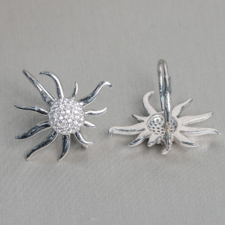 Base Pour Boucles D'oreilles En Argent 925 Crochet Fermé Soleil Avec Zircons 19x24mm 1 Paire Rhodié