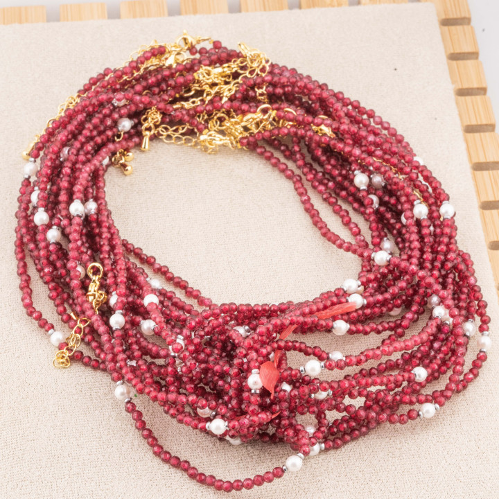 Collana con Cristalli Bordeaux E Perle Di Maiorca Con Chiusura e Catenina In Acciaio Dorato 10pz