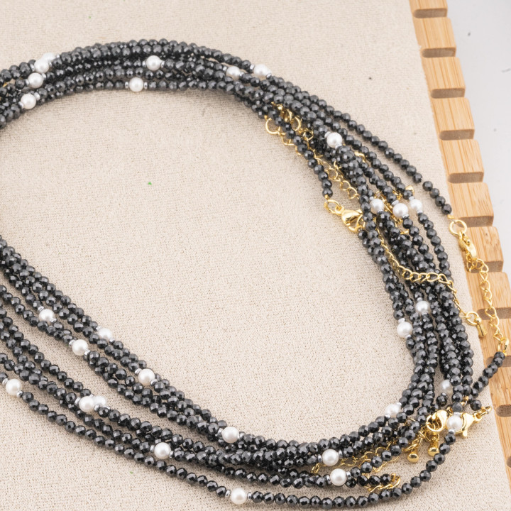 Collana con Cristalli Neri E Perle Di Maiorca Con Chiusura e Catenina In Acciaio Dorato 10pz