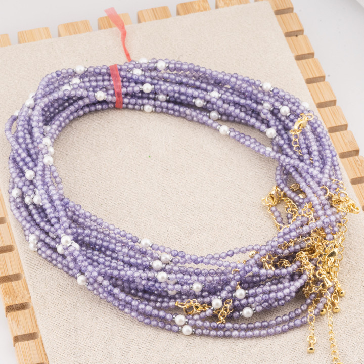 Collana con Cristalli Viola E Perle Di Maiorca Con Chiusura e Catenina In Acciaio Dorato 10pz