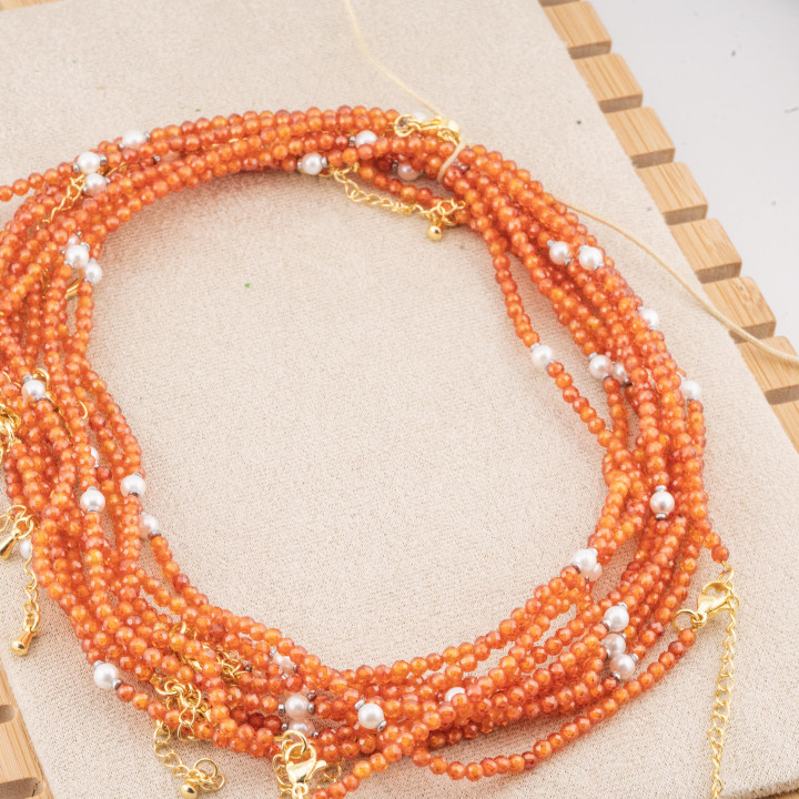 Collana con Cristalli Arancioni E Perle Di Maiorca Con Chiusura e Catenina In Acciaio Dorato 10pz