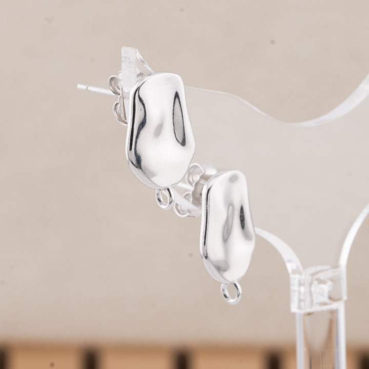 Base Per Orecchini A Perno Di Argento 925 Con Piatto Battuto 10x16mm 1 Coppia Rodiato