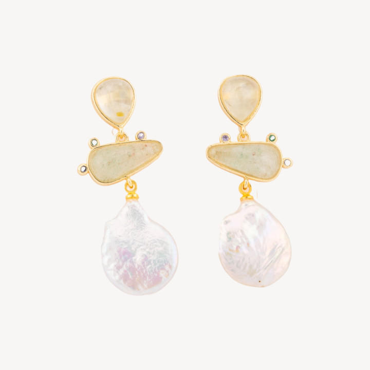 Orecchini In Bronzo Con Pietre Dure E Pendente Di Perle Barocche 18,5x50mm