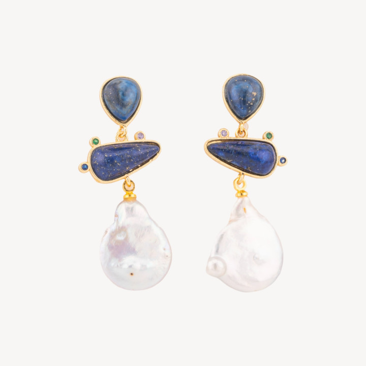 Orecchini In Bronzo Con Pietre Dure E Pendente Di Perle Barocche 18,5x50mm