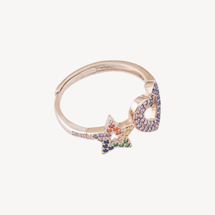 Anello Di Argento 925 Misura Regolabile 1pz Con Zirconi MOD. Stella e Cuore