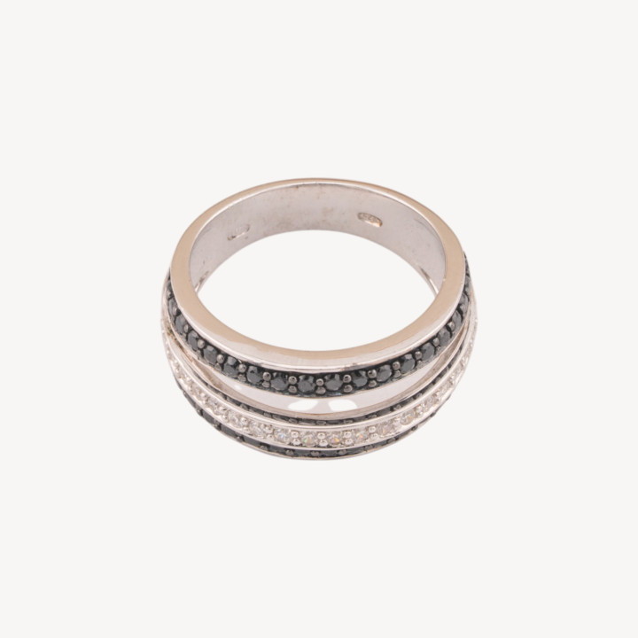 Anello Di Argento 925 1pz Con Zirconi Bianchi e Neri su Tre Fasce