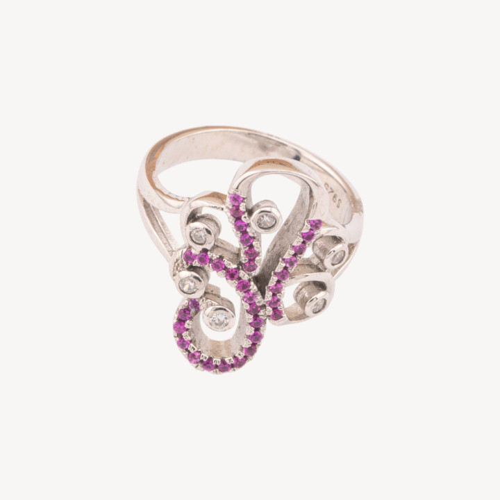Anello Di Argento 925 1pz Forma Fantasia con Zirconi Fucsia e Punti Luce
