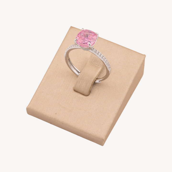 Anello Gioiello In Argento 925 Regolabile Con Corindone Sintetico Quadrato Rosa Rodiato JL200046