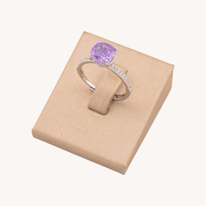 Anello Gioiello In Argento 925 Regolabile Con Corindone Sintetico Quadrato Viola Rodiato JL200046