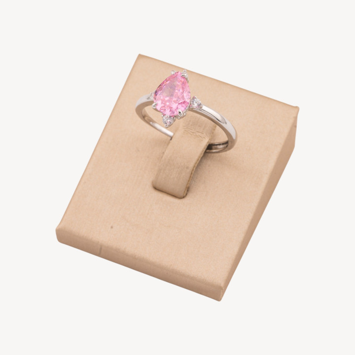 Anello Gioiello In Argento 925 Regolabile Con Corindone Sintetico Goccia Rosa Rodiato JL200049