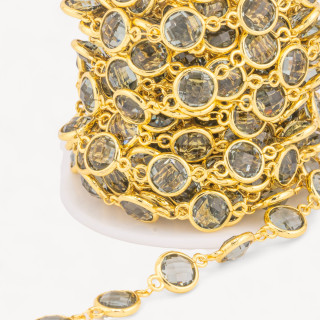 Catena Rosario Di Ottone Con Occhio Di Gatto Cabochon Tondo 10mm 5 Metri Dorato Grigio Trasparente