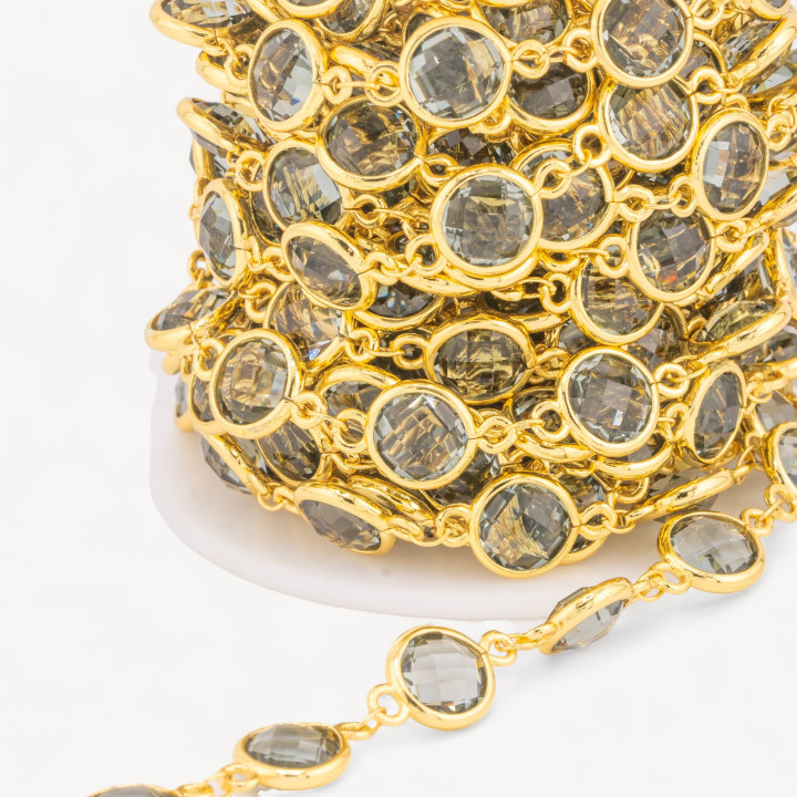 Catena Rosario Di Ottone Con Occhio Di Gatto Cabochon Tondo 10mm 5 Metri Dorato Grigio Trasparente