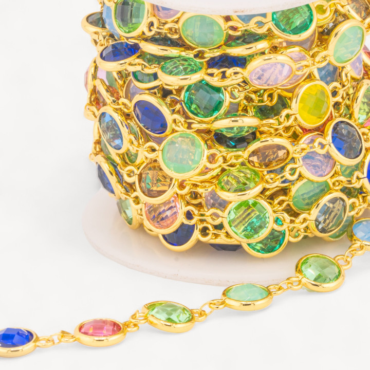 Catena Rosario Di Ottone Con Occhio Di Gatto Cabochon Tondo 10mm 5 Metri Dorato Multicolor