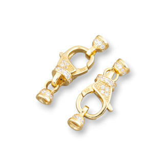 Chiusura Di Argento 925 Con Zirconi Moschettone Con Coppette 9x24mm Coppette Da 4mm 2pz Dorato