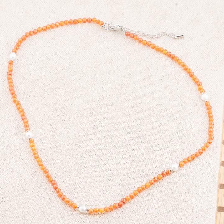 Collana con Cristalli Arancioni E Perle Di Maiorca Con Chiusura e Catenina In Acciaio Rodiato 10pz