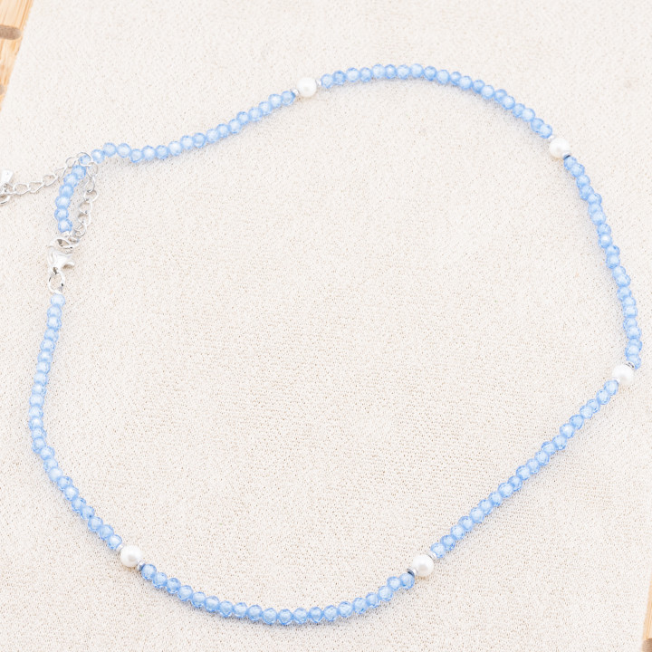 Collana con Cristalli Blu E Perle Di Maiorca Con Chiusura e Catenina In Acciaio Rodiato 10pz