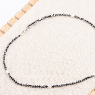 Collana con Cristalli Neri E Perle Di Maiorca Con Chiusura e Catenina In Acciaio Rodiato 10pz