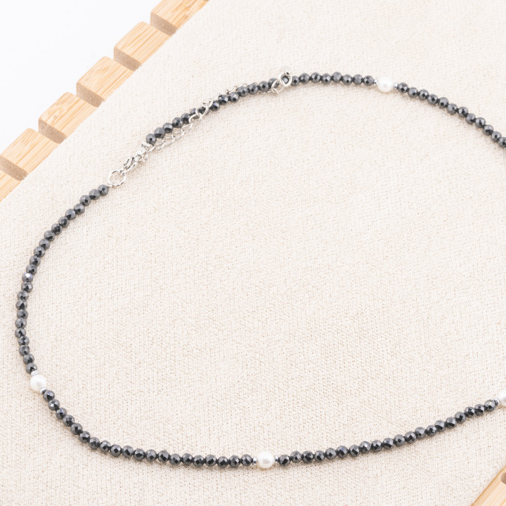 Collana con Cristalli Neri E Perle Di Maiorca Con Chiusura e Catenina In Acciaio Rodiato 10pz