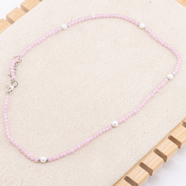 Collana con Cristalli Rosa E Perle Di Maiorca Con Chiusura e Catenina In Acciaio Rodiato 10pz