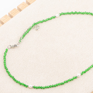 Collana con Cristalli Smeraldo E Perle Di Maiorca Con Chiusura e Catenina In Acciaio Rodiato 10pz