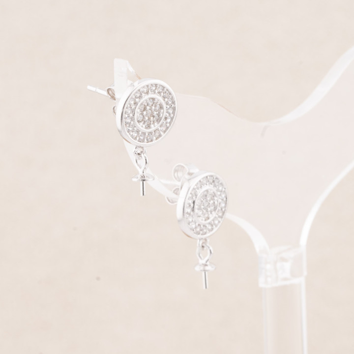 Basi Per Orecchini Di Argento 925 Tondo Con Zirconi 9mm 2 Coppie Rodiato