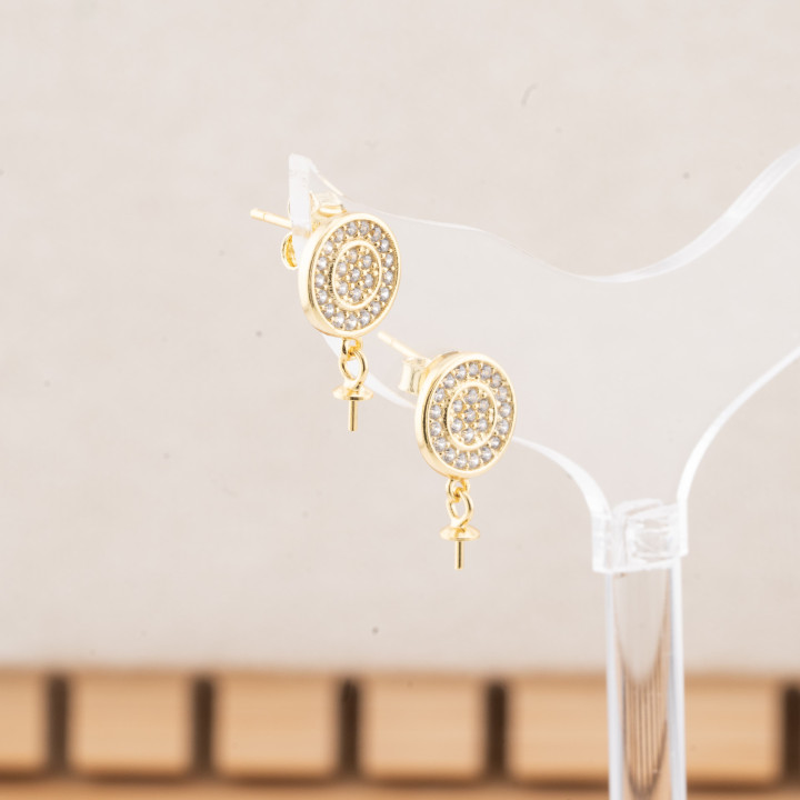 Basi Per Orecchini Di Argento 925 Tondo Con Zirconi 9mm 2 Coppie Dorato