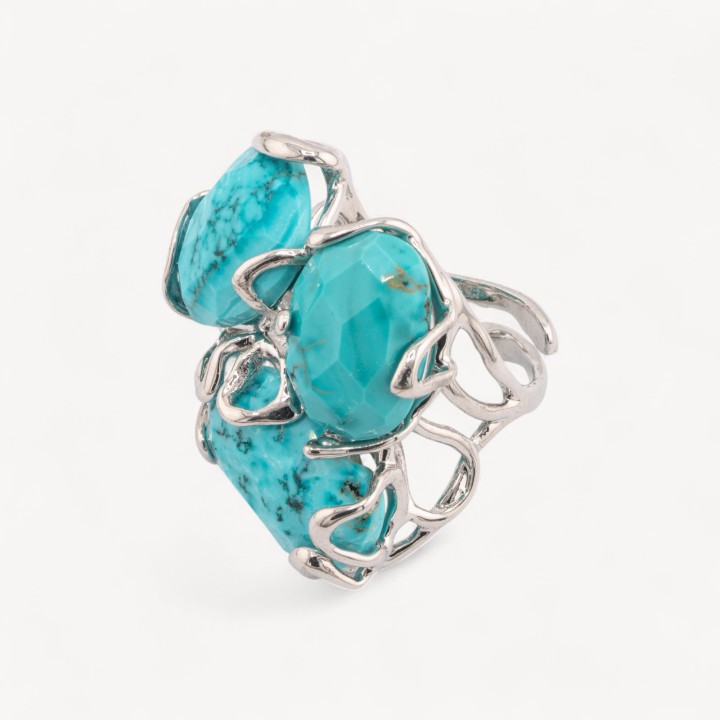 Anello Regolabile in Bronzo Rodiato Collezione AURORA con Pietre Dure Turchesite| Gioiello Artigianale Donna 32x36mm