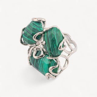 Anello Regolabile in Bronzo Rodiato Collezione AURORA con Pietre Dure Pasta Di Malachite| Gioiello Artigianale Donna 32x36mm