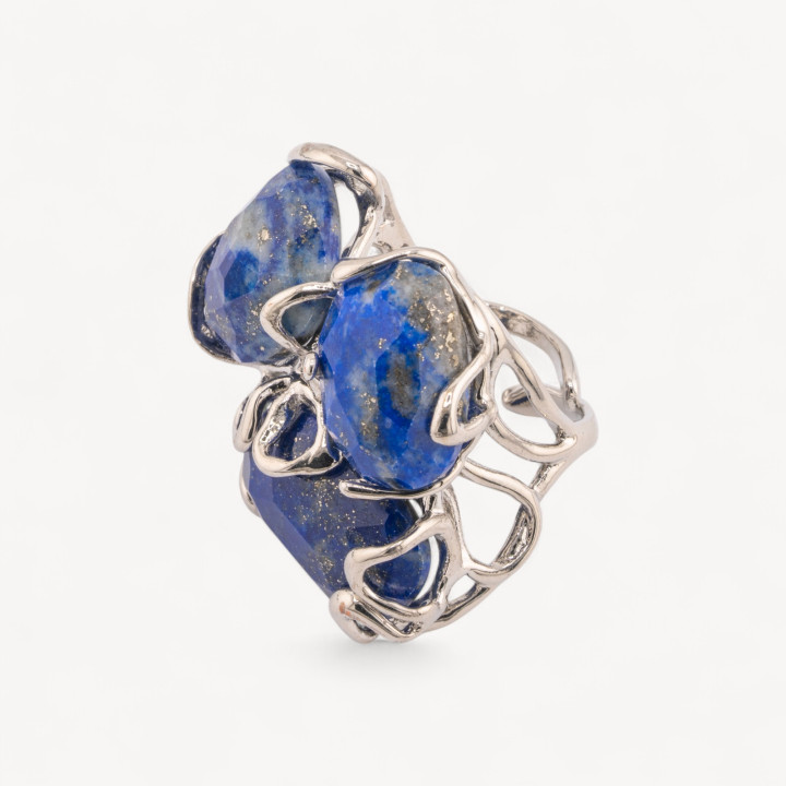 Anello Regolabile in Bronzo Rodiato Collezione AURORA con Pietre Dure Lapislazzuli | Gioiello Artigianale Donna 32x36mm