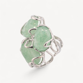 Anello Regolabile in Bronzo Rodiato Collezione AURORA con Pietre Dure Avventurina Verde | Gioiello Artigianale Donna 32x36mm