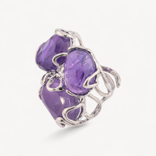 Anello Regolabile in Bronzo Rodiato Collezione AURORA con Pietre Dure Ametista | Gioiello Artigianale Donna 32x36mm