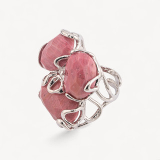 Anello Regolabile in Bronzo Rodiato Collezione AURORA con Pietre Dure Rodonite Rosa | Gioiello Artigianale Donna 32x36mm