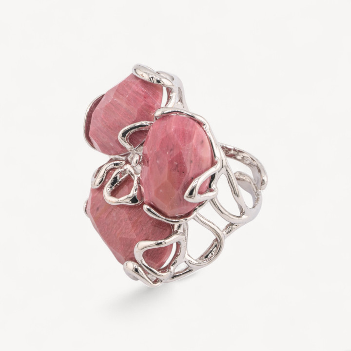 Anello Regolabile in Bronzo Rodiato Collezione AURORA con Pietre Dure   Rodonite Rosa | Gioiello Artigianale Donna 32x36mm
