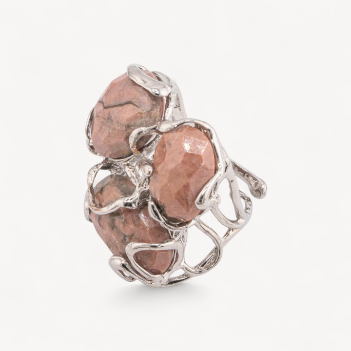 Anello Regolabile in Bronzo Rodiato Collezione AURORA con Pietre Dure Rodonite Grezzo | Gioiello Artigianale Donna 32x36mm