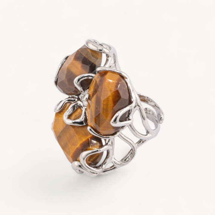 Anello Regolabile in Bronzo Rodiato Collezione AURORA con Pietre Dure Occhio Di Tigre Giallo | Gioiello Artigianale Donna 32x36