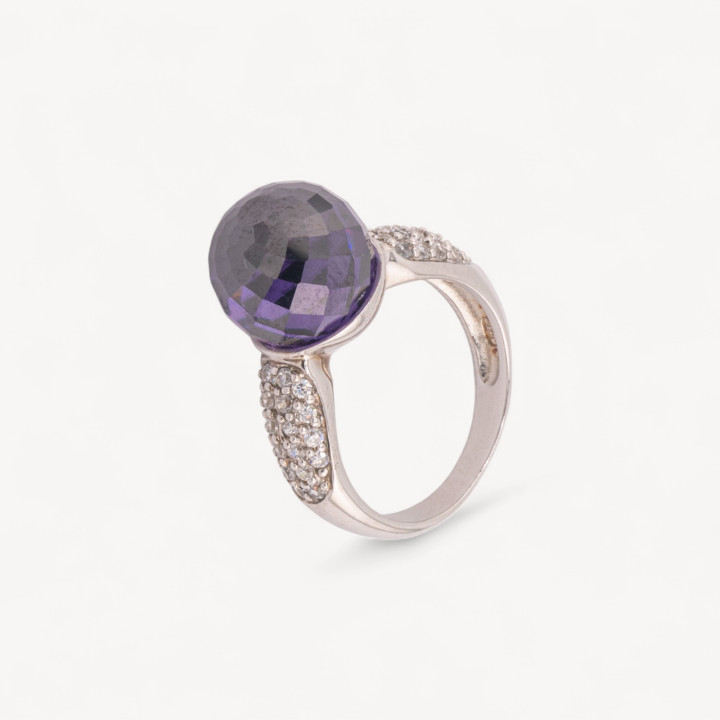 Anello Di Argento 925 Con Zirconi Incastonati e Cristallo Viola n130 Rodiato