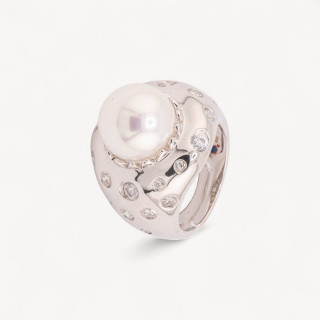 Anello Di Argento 925 Con Zirconi Incastonati e Perla Naturale Bianca n136 Rodiato