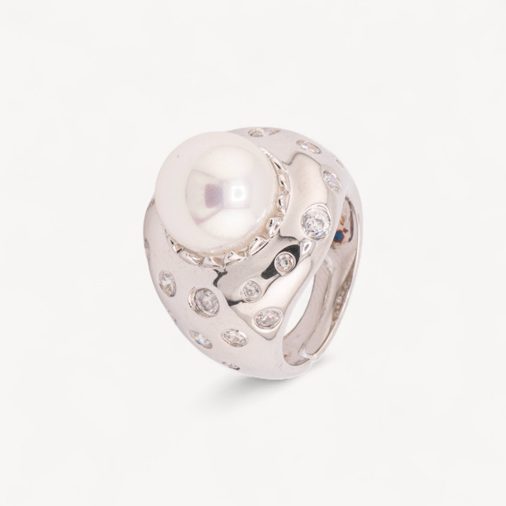 Anello Di Argento 925 Con Zirconi Incastonati e Perla Naturale Bianca n136 Rodiato