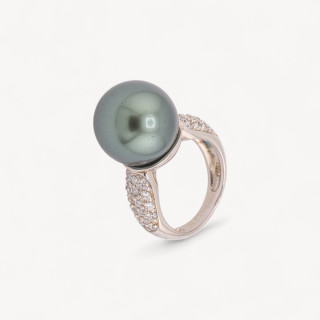 Anello Di Argento 925 Con Zirconi Incastonati e Perla Naturale Tahiti n131 Rodiato Taglia 54