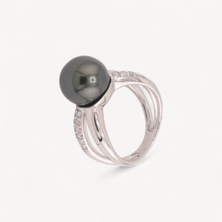 Anello Di Argento 925 Con Zirconi Incastonati e Perla Naturale Tahiti n133 Rodiato