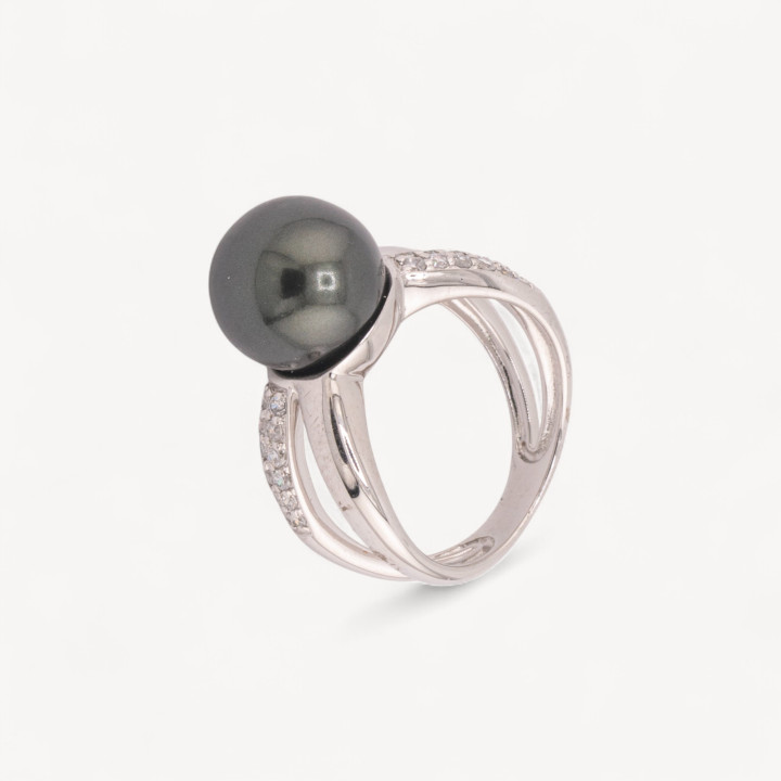 Anello Di Argento 925 Con Zirconi Incastonati e Perla Naturale Tahiti n133 Rodiato