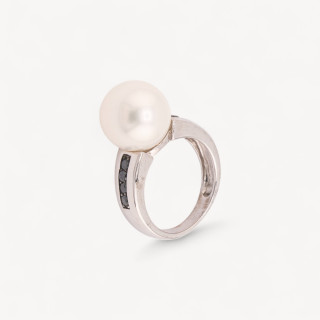 Anello Di Argento 925 Con Zirconi Incastonati Neri e Perla Naturale n145 Rodiato