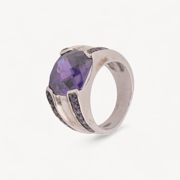Anello Di Argento 925 Con Zirconi Incastonati Viola e Cristallo Viola n143 Rodiato