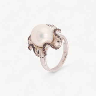 Anello Di Argento 925 Con Zirconi Incastonati Viola e Perla Naturale Bianca n127 Rodiato