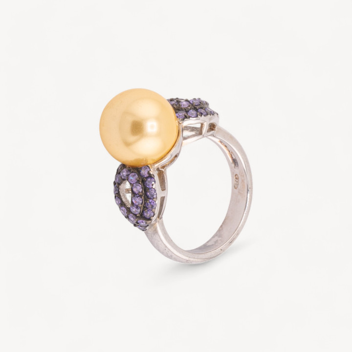 Anello Di Argento 925 Con Zirconi Incastonati Viola e Perla Naturale Dorata n147 Rodiato Taglia 52