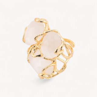 Anello Regolabile in Bronzo Dorato Collezione AURORA con Occhio Di Gatto Bianco Caldo | Gioiello Artigianale Donna 32x36mm