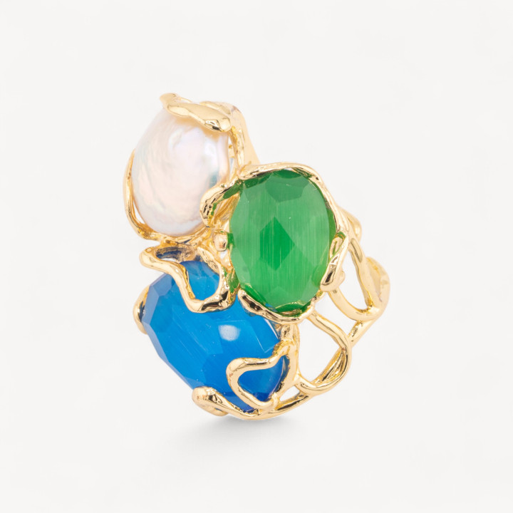 Anello Regolabile in Bronzo Dorato Collezione AURORA con Occhio Di Gatto Con Perle Di Fiume  MIX Colori Casuali 2 | Gioiello Ar