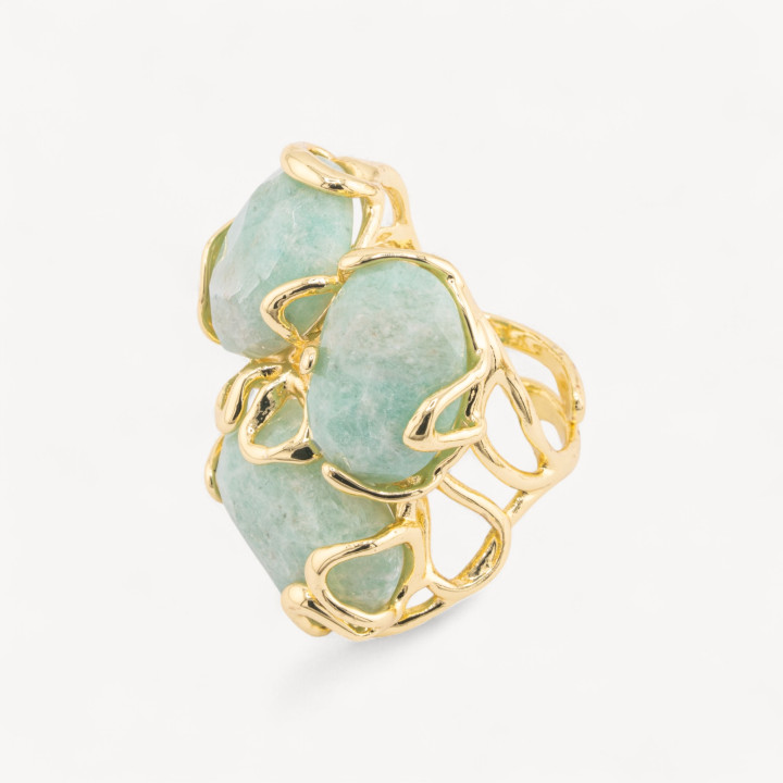 Anello Regolabile in Bronzo Dorato Collezione AURORA con Pietre Dure Amazzonite | Gioiello Artigianale Donna 32x36mm