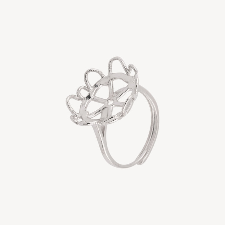 Base Per Anelli Di Argento 925 A Castone Corona Floreale 18,5x21mm Misura Regolabile 1pz Rodiato